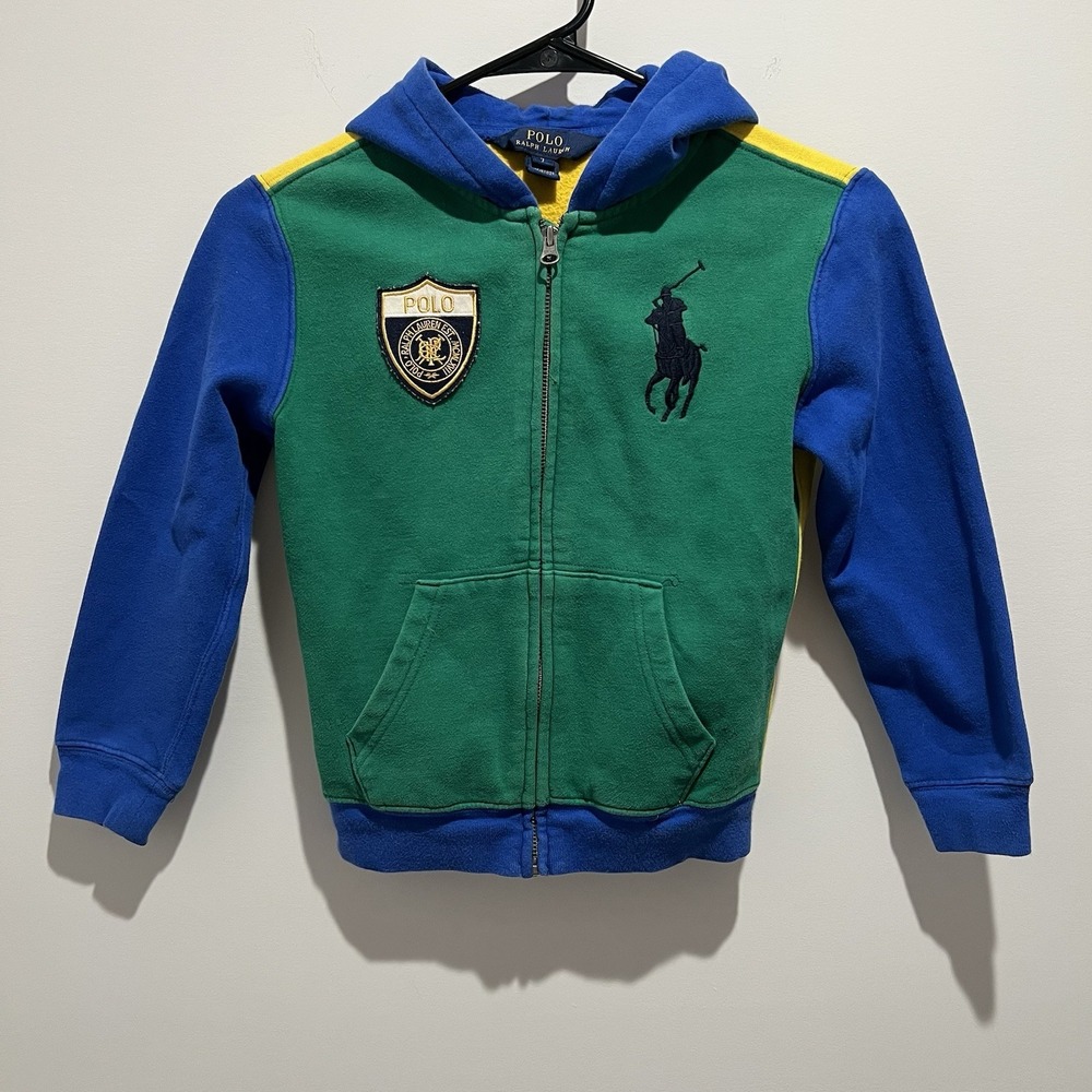 Polo Ralph Lauren Hoodie Boys Size 7 Embroidered Big Pony Logo Blue Green Yellow